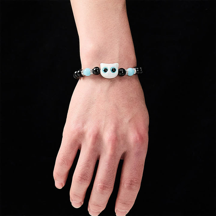 Buddha Stones Black Obsidian Cute Big Eye Cat Protection Beaded Bracelet - image 5