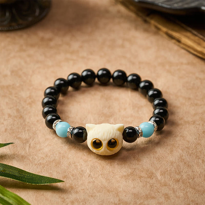 Buddha Stones Black Obsidian Hand-Carved Big Eye Cat Relief Bead Bracelet - image 16