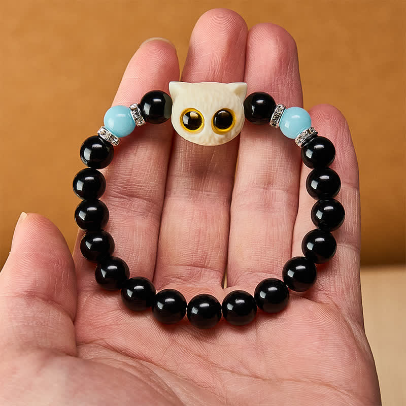 Buddha Stones Black Obsidian Hand-Carved Big Eye Cat Relief Bead Bracelet - image 21