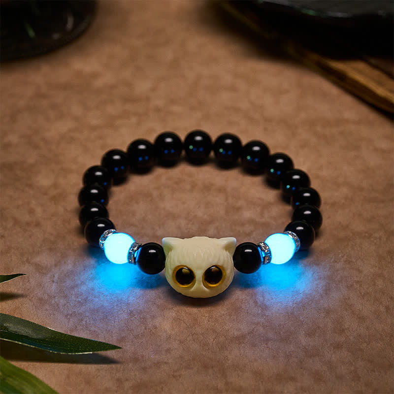 Buddha Stones Black Obsidian Hand-Carved Big Eye Cat Relief Bead Bracelet - White Cat (Wrist Circumference: 15–16 cm) - Black Obsidian (Purification ♥ Strength) - image 15