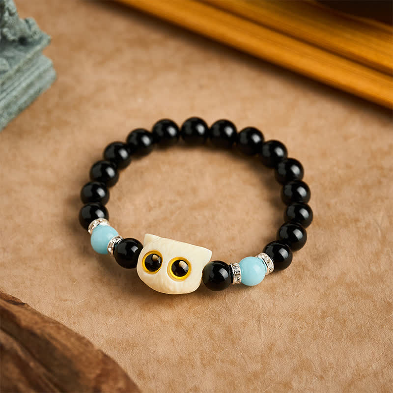 Buddha Stones Black Obsidian Hand-Carved Big Eye Cat Relief Bead Bracelet - image 19