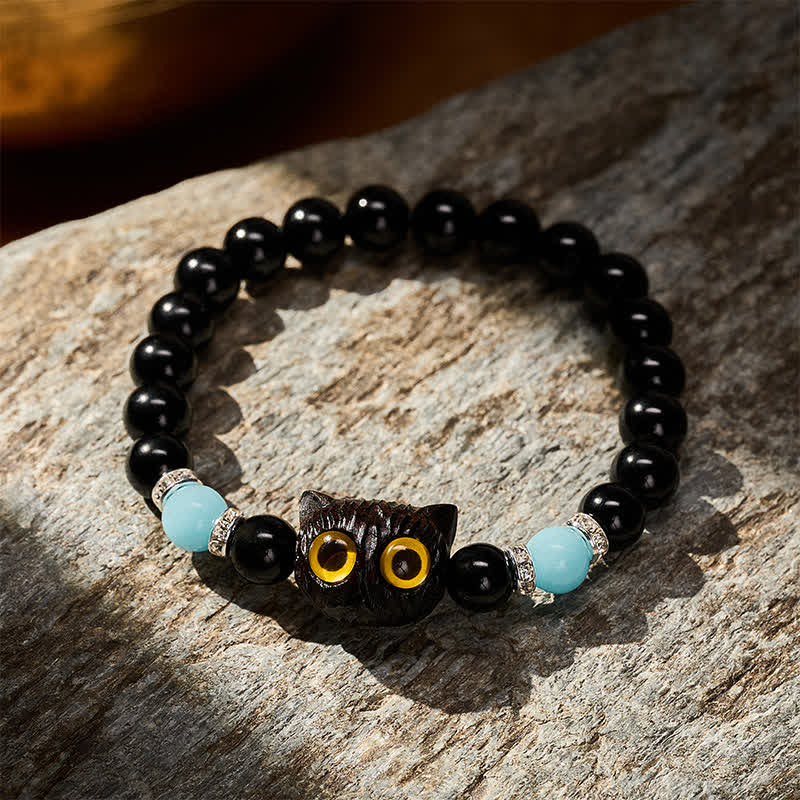 Buddha Stones Black Obsidian Hand-Carved Big Eye Cat Relief Bead Bracelet - image 2