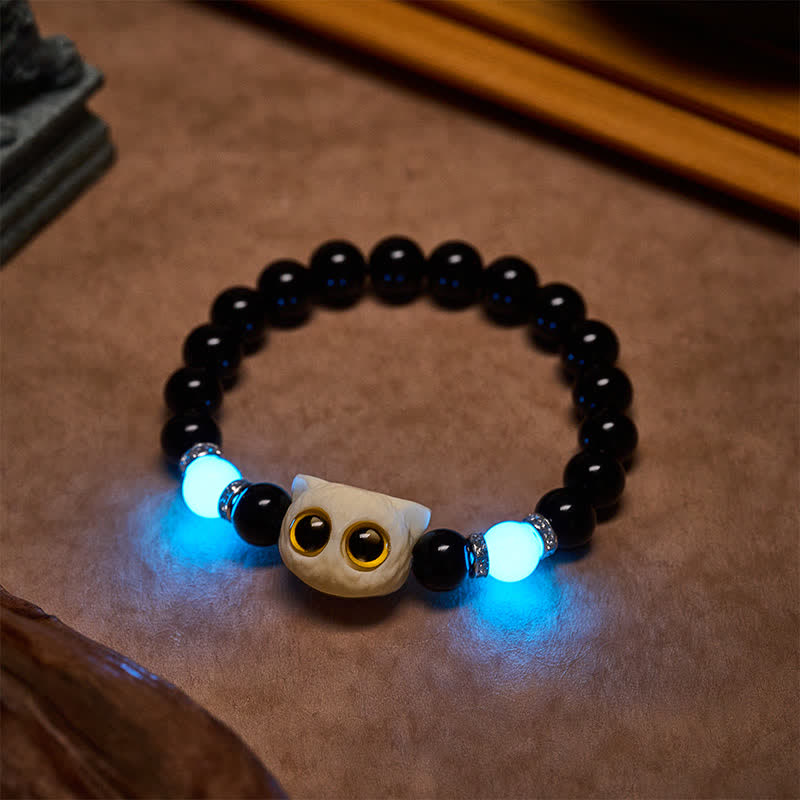 Buddha Stones Black Obsidian Hand-Carved Big Eye Cat Relief Bead Bracelet - image 20