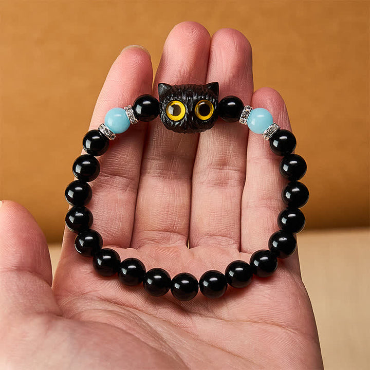 Buddha Stones Black Obsidian Hand-Carved Big Eye Cat Relief Bead Bracelet - image 11