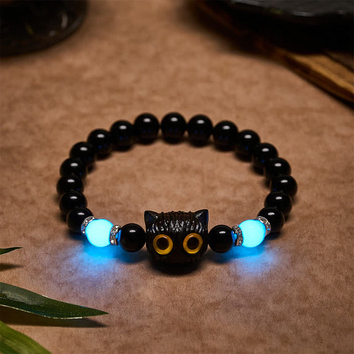 Buddha Stones Black Obsidian Hand-Carved Big Eye Cat Relief Bead Bracelet - image 4