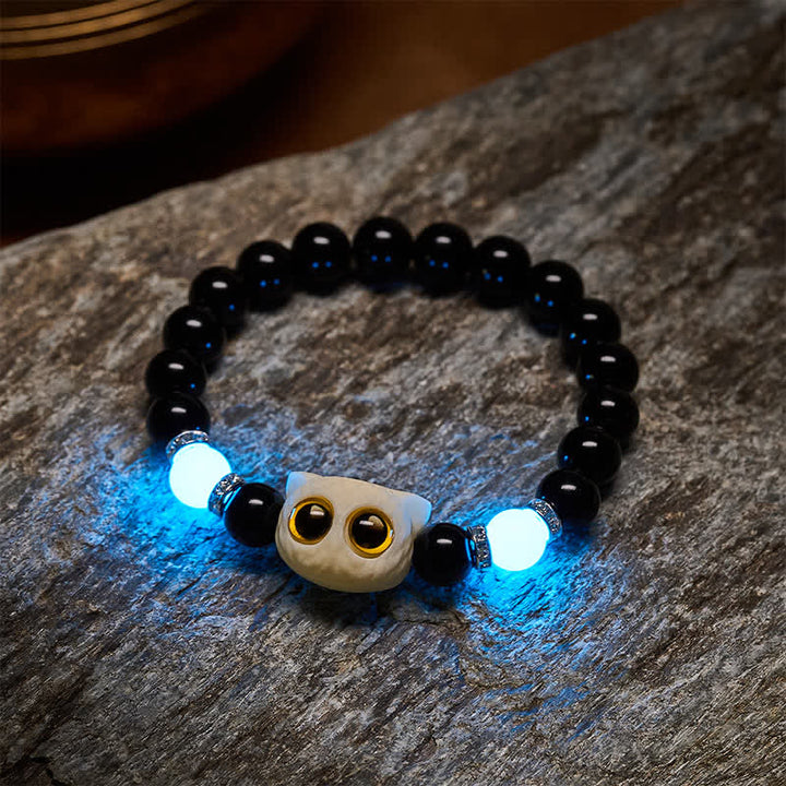 Buddha Stones Black Obsidian Hand-Carved Big Eye Cat Relief Bead Bracelet - image 18