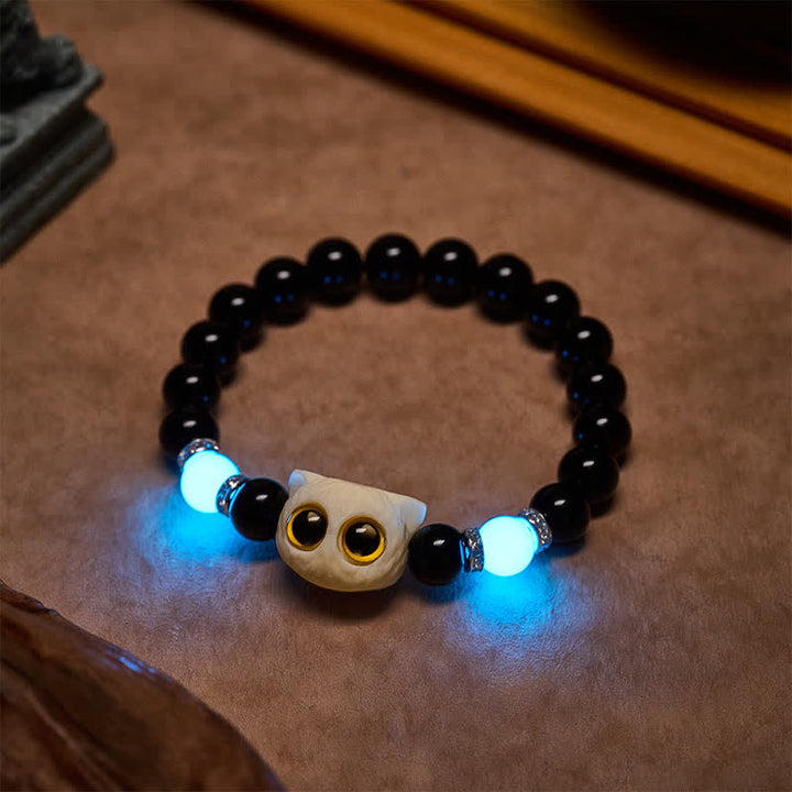 Buddha Stones Black Obsidian Hand-Carved Big Eye Cat Relief Bead Bracelet - image 21