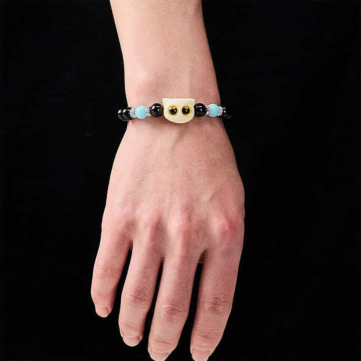Buddha Stones Black Obsidian Hand-Carved Big Eye Cat Relief Bead Bracelet - image 18