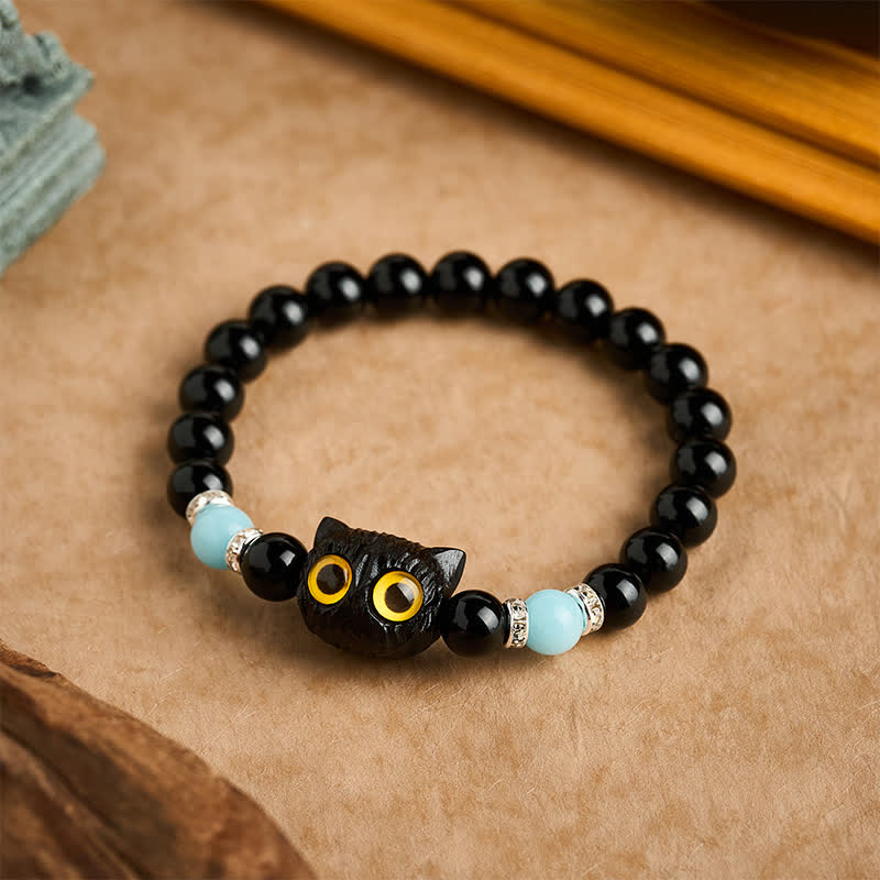Buddha Stones Black Obsidian Hand-Carved Big Eye Cat Relief Bead Bracelet - image 10