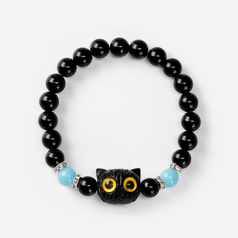 Buddha Stones Black Obsidian Hand-Carved Big Eye Cat Relief Bead Bracelet - image 13