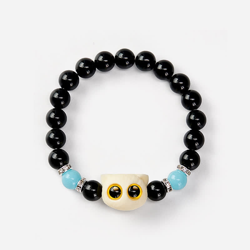 Buddha Stones Black Obsidian Hand-Carved Big Eye Cat Relief Bead Bracelet - image 23