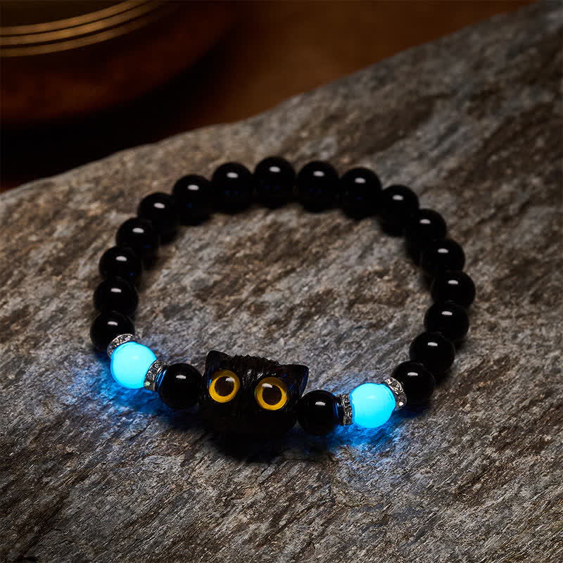 Buddha Stones Black Obsidian Hand-Carved Big Eye Cat Relief Bead Bracelet - image 9