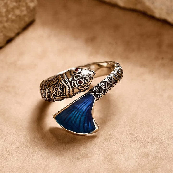 Buddha Stones Vintage Koi Fish Blue Enamel Adjustable Success Adjustable Ring - image 1