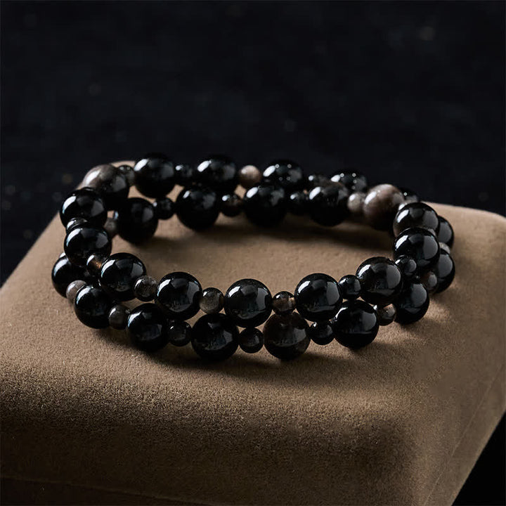 Buddha Stones Black Obsidian Single Double Layer Round Bead Protection Bracelet - image 10