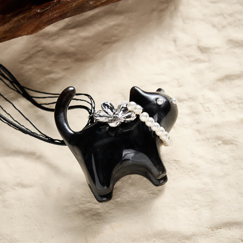 Buddha Stones Resin Black Brown Cat Flower Pearl Bead Peace Necklace - image 7