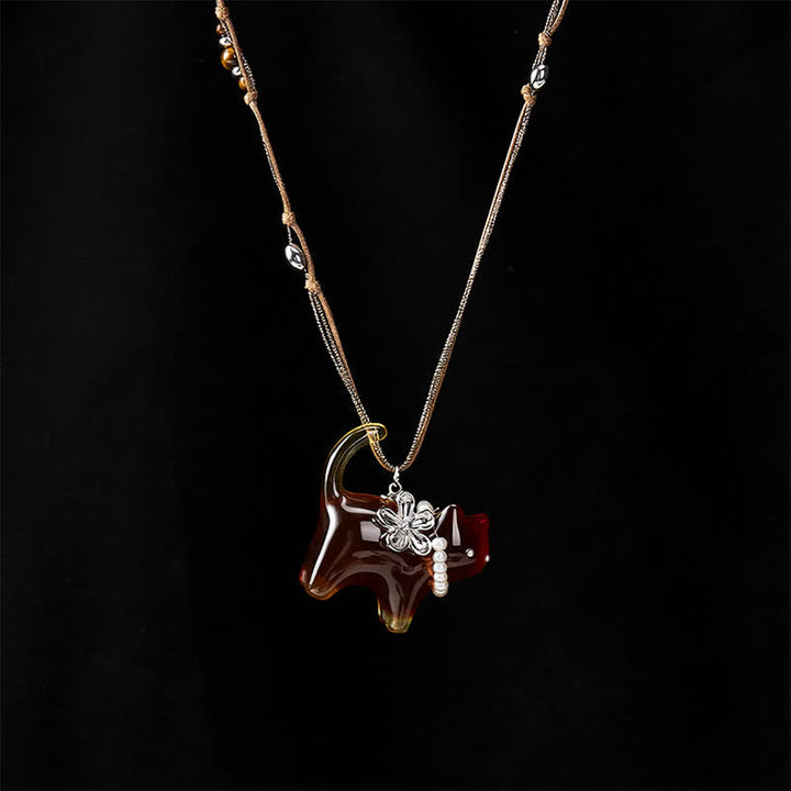 Buddha Stones Resin Black Brown Cat Flower Pearl Bead Peace Necklace - image 4