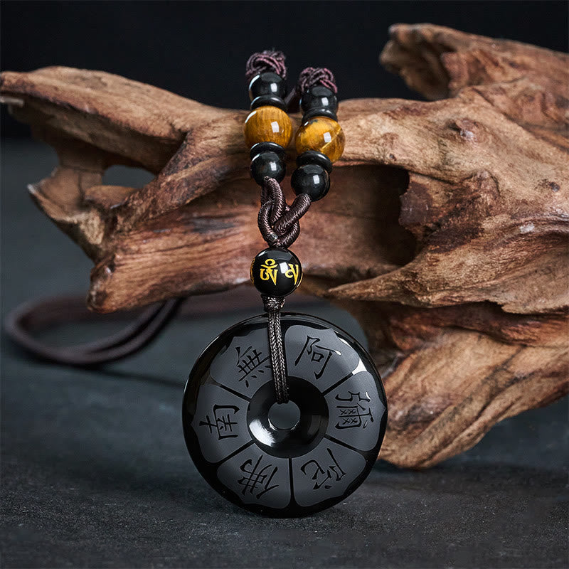 Buddha Stones Black Obsidian Namo Ami Peace Buckle Protection Engraved Necklace - Black Obsidian(Purification♥Strength) - image 0