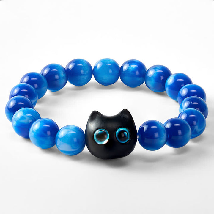 Buddha Stones Blue Resin Beads Ebony Wood Cat Balance Bracelet - image 6
