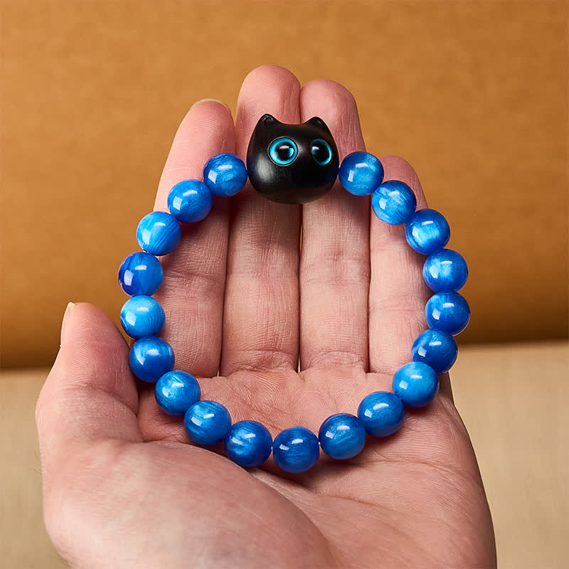 Buddha Stones Blue Resin Beads Ebony Wood Cat Balance Bracelet - image 14