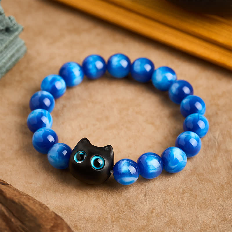 Buddha Stones Blue Resin Beads Ebony Wood Cat Balance Bracelet - 12 mm(Wrist Circumference: 6.7-7.1  in / 17-18cm) - image 0