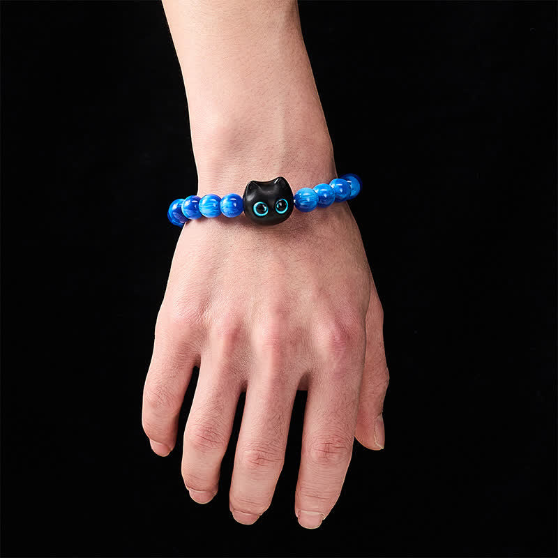 Buddha Stones Blue Resin Beads Ebony Wood Cat Balance Bracelet - image 13