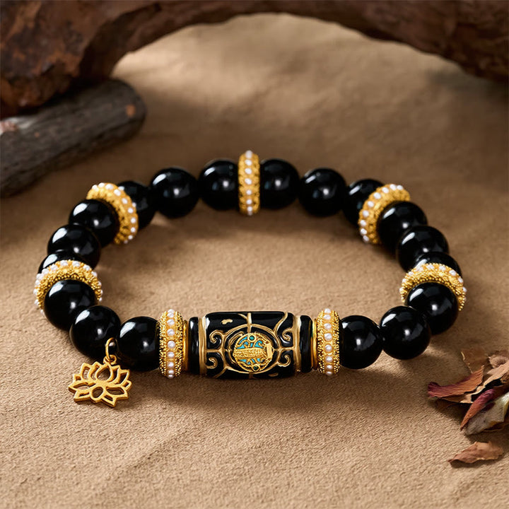 Buddha Stones Black Obsidian Resin Barrel Bead Lotus Pendant Protection Round Bead Bracelet - image 2