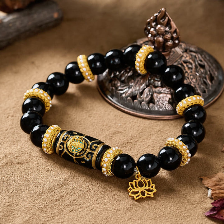 Buddha Stones Black Obsidian Resin Barrel Bead Lotus Pendant Protection Round Bead Bracelet - image 3