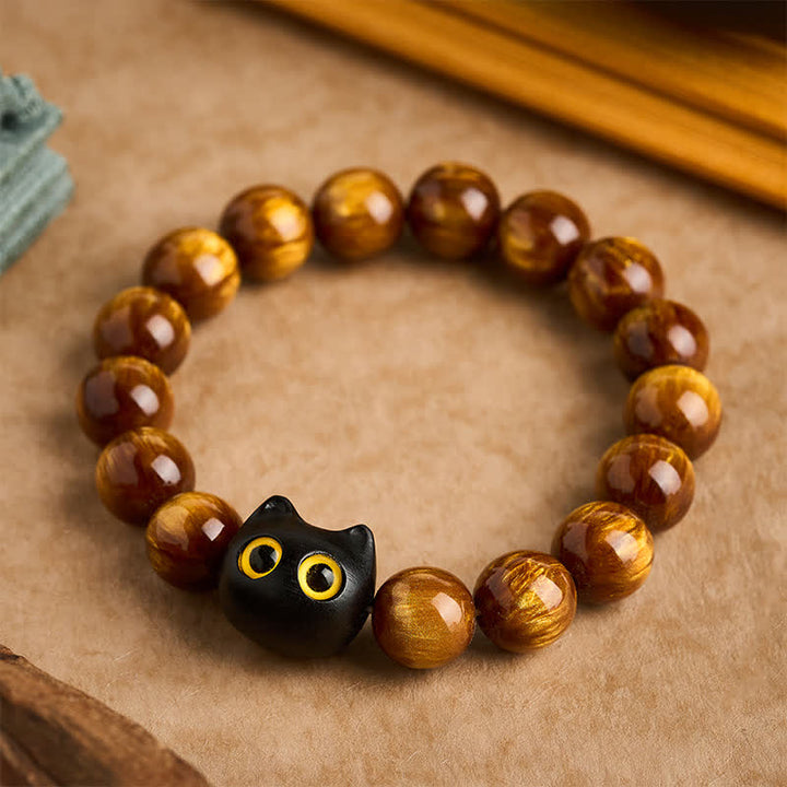 Buddha Stones Yellow Resin Beads Yellow Eyes Ebony Wood Cat Calm Bracelet - 14 mm(Wrist Circumference: 7.1-7.5  in / 18-19cm) - image 0