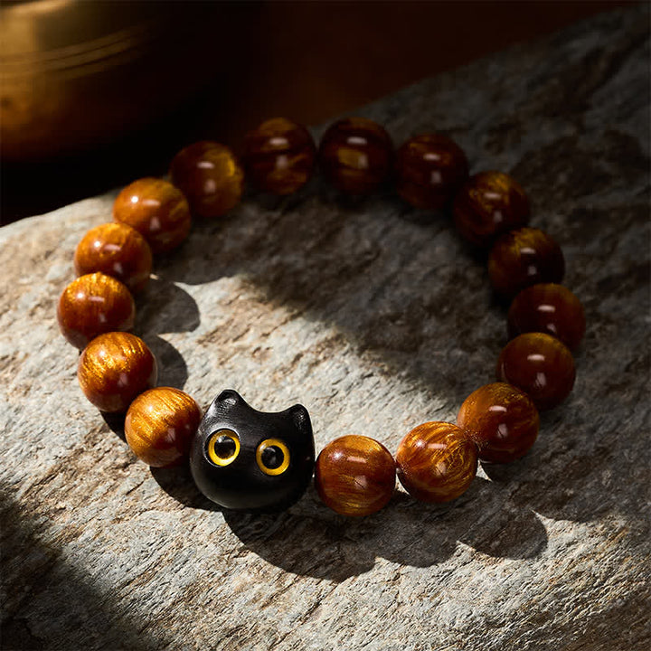 Buddha Stones Yellow Resin Beads Yellow Eyes Ebony Wood Cat Calm Bracelet - image 3