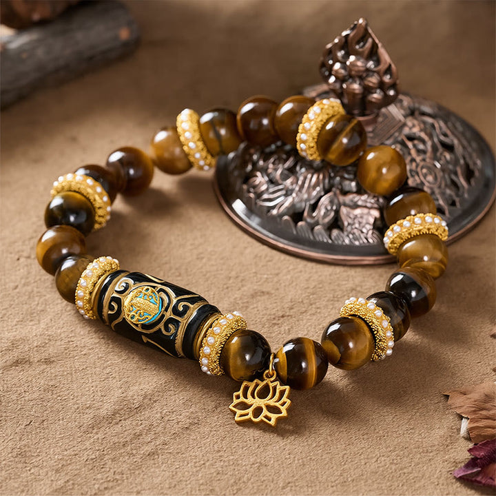 Buddha Stones Natural Yellow Tiger Eye Resin Barrel Bead Lotus Pendant Confidence Round Bead Bracelet - image 3