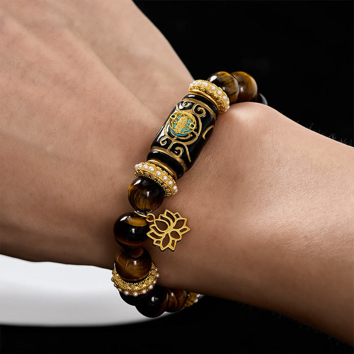 Buddha Stones Natural Yellow Tiger Eye Resin Barrel Bead Lotus Pendant Confidence Round Bead Bracelet - image 4