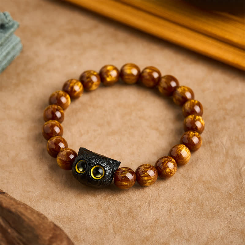 Buddha Stones Yellow Resin Beads Ebony Wood Cat Peace Bracelet - 10 mm(Wrist Circumference: 6.3-6.7  in / 16-17cm) - image 0