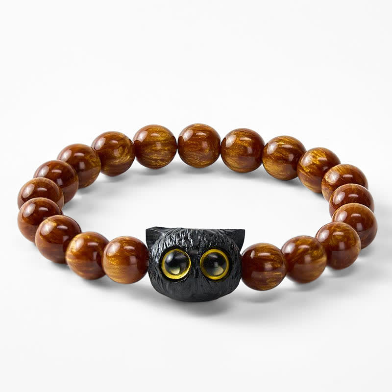 Buddha Stones Yellow Resin Beads Ebony Wood Cat Peace Bracelet - image 8