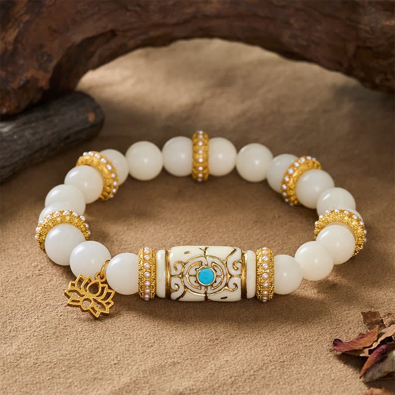 Buddha Stones White Bodhi Seed Resin Barrel Bead Lotus Pendant Round Meditation Bracelet - image 7