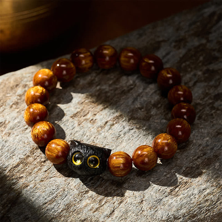 Buddha Stones Yellow Resin Beads Ebony Wood Cat Peace Bracelet - image 11