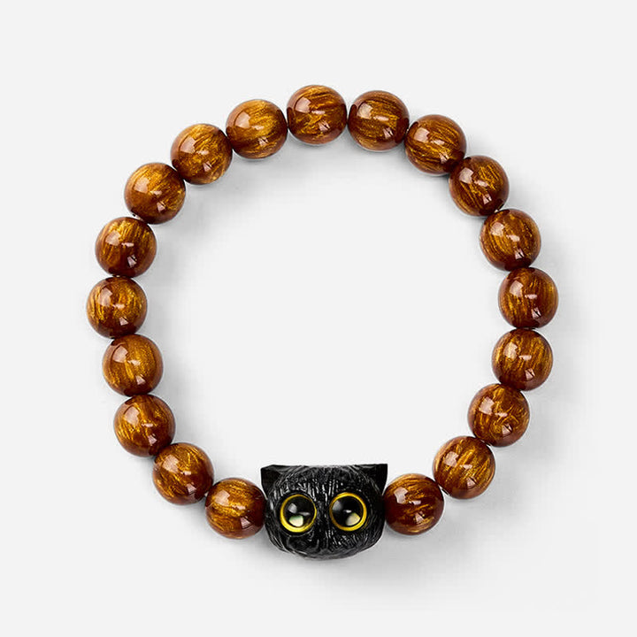 Buddha Stones Yellow Resin Beads Ebony Wood Cat Peace Bracelet - image 3