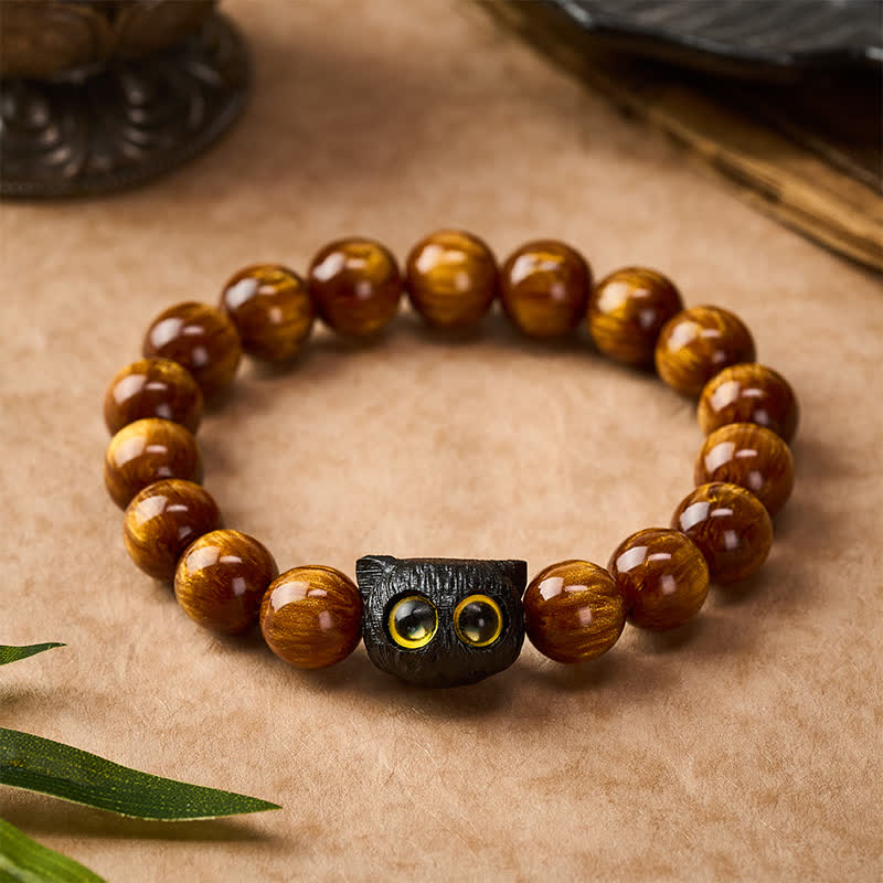 Buddha Stones Yellow Resin Beads Ebony Wood Cat Peace Bracelet - image 10