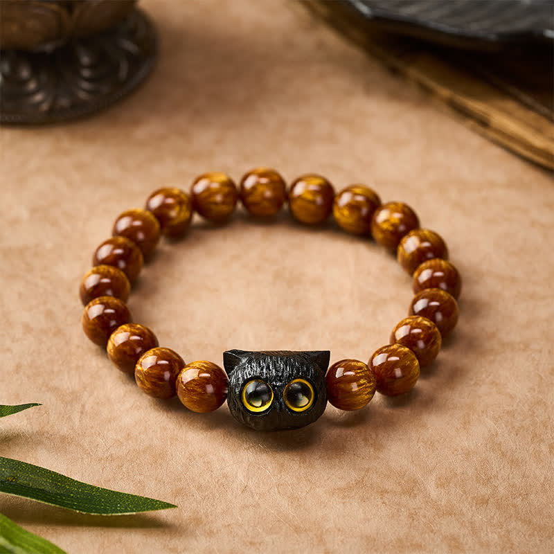 Buddha Stones Yellow Resin Beads Ebony Wood Cat Peace Bracelet - image 1
