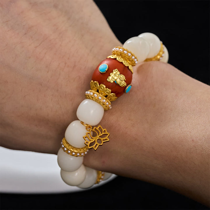 Buddha Stones White Bodhi Seed Tibetan Engraved Orange Oval Lotus Pendant Blessing Bead Bracelet - image 4