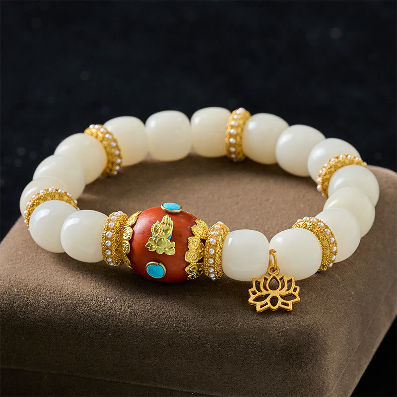 Buddha Stones White Bodhi Seed Tibetan Engraved Orange Oval Lotus Pendant Blessing Bead Bracelet - White Bodhi Seed (Wrist Circumference: 18-19 cm) - image 0