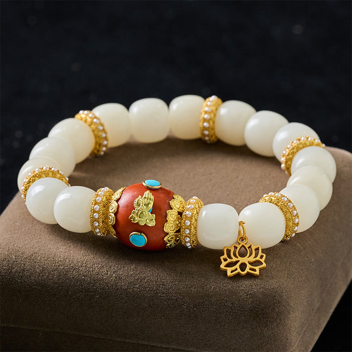 Buddha Stones White Bodhi Seed Tibetan Engraved Orange Oval Lotus Pendant Blessing Bead Bracelet - White Bodhi Seed (Wrist Circumference: 18-19 cm) - image 0