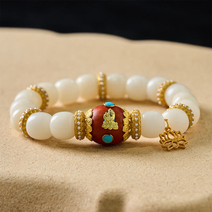 Buddha Stones White Bodhi Seed Tibetan Engraved Orange Oval Lotus Pendant Blessing Bead Bracelet - image 1