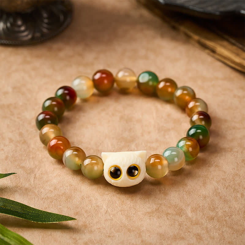 Buddha Stones Peacock Agate Ivory Fruit Cat Courage Bracelet - image 1