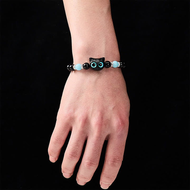 Buddha Stones White Jade Black Obsidian Cute Cat Head Purity Beaded Bracelet - image 17