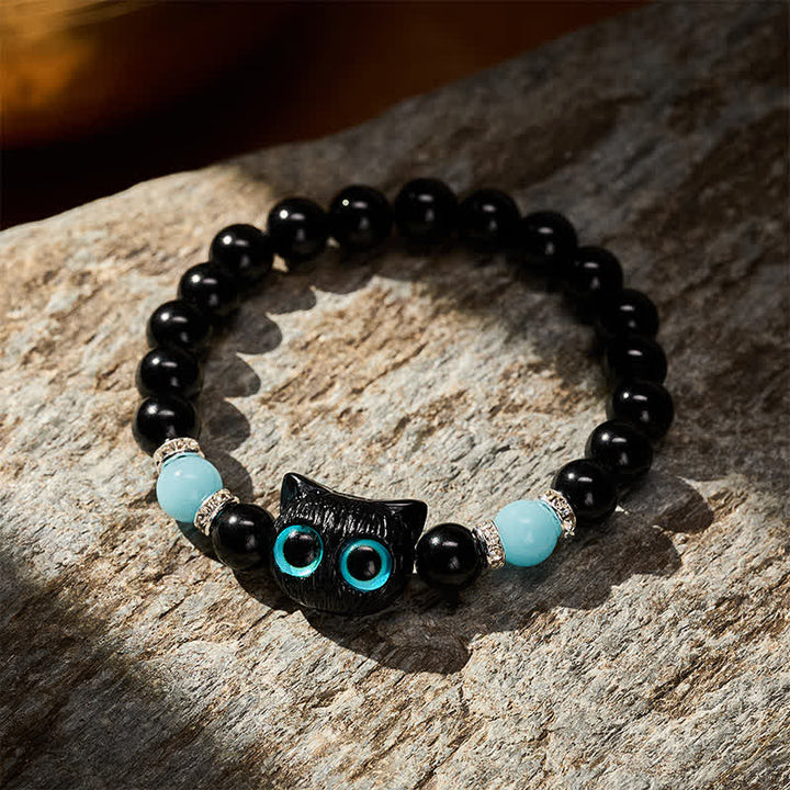 Buddha Stones White Jade Black Obsidian Cute Cat Head Purity Beaded Bracelet - image 14