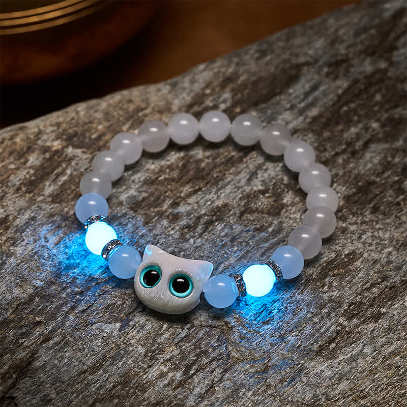Buddha Stones White Jade Black Obsidian Cute Cat Head Purity Beaded Bracelet - image 3