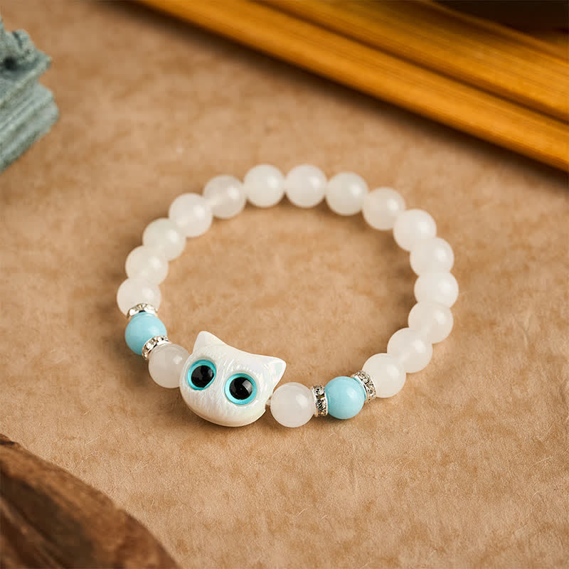 Buddha Stones White Jade Black Obsidian Cute Cat Head Purity Beaded Bracelet - image 2