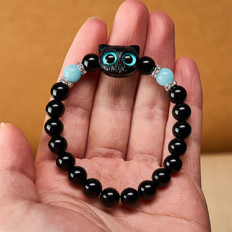 Buddha Stones White Jade Black Obsidian Cute Cat Head Purity Beaded Bracelet - image 17