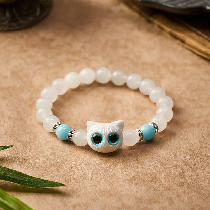 Buddha Stones White Jade Black Obsidian Cute Cat Head Purity Beaded Bracelet - image 7