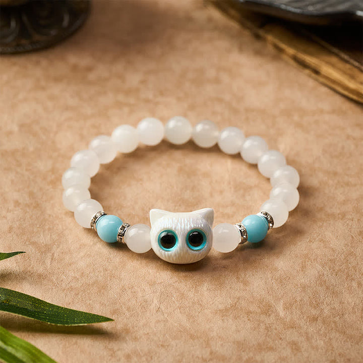 Buddha Stones White Jade Black Obsidian Cute Cat Head Purity Beaded Bracelet - image 7